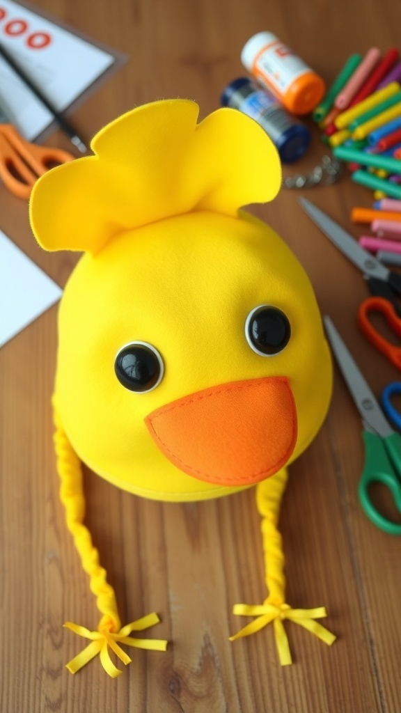 Duck Hat Recipe A vibrant duck hat crafted from yellow felt with an orange beak and black eyes, set on a crafting table.